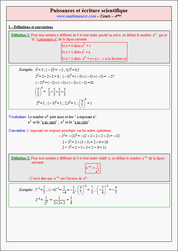 Cours sur les puissances et l'écriture scientifique - quatrième- page 1