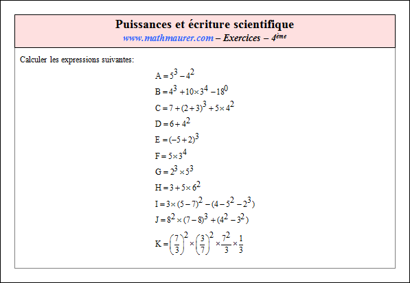 Exercice sur les puissances et l'écriture scientifique