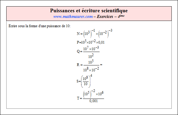 Exercice sur les puissances et l'écriture scientifique