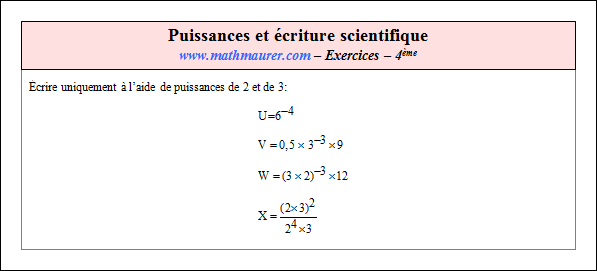 Exercice sur les puissances et l'écriture scientifique