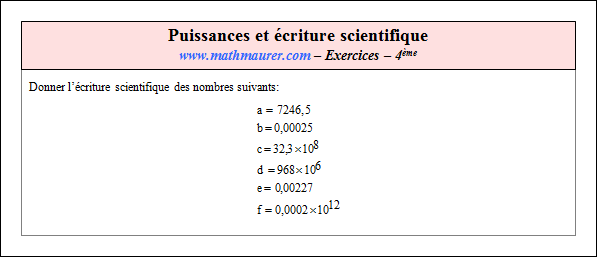 Exercice sur les puissances et l'écriture scientifique