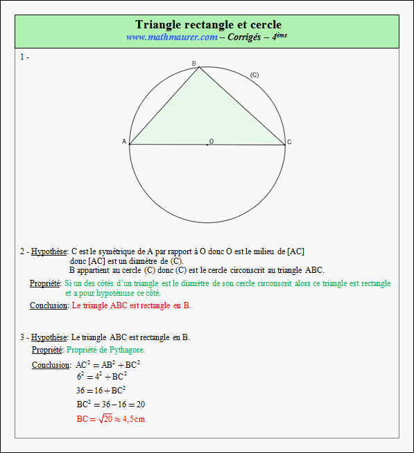 Exercices corrigés sur le triangle rectangle et le cercle en quatrième