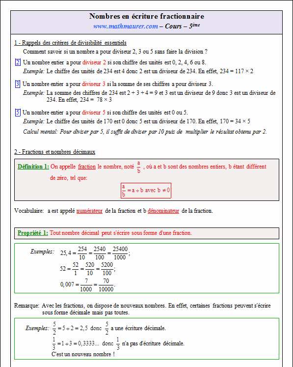 Cours sur les fractions - cinquième - page 1