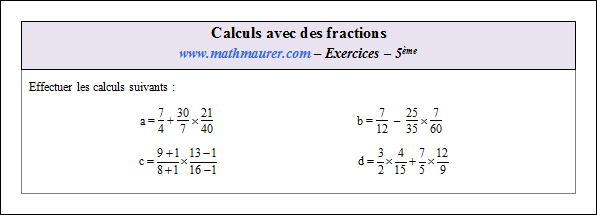 Exercice sur les calculs avec des fractions