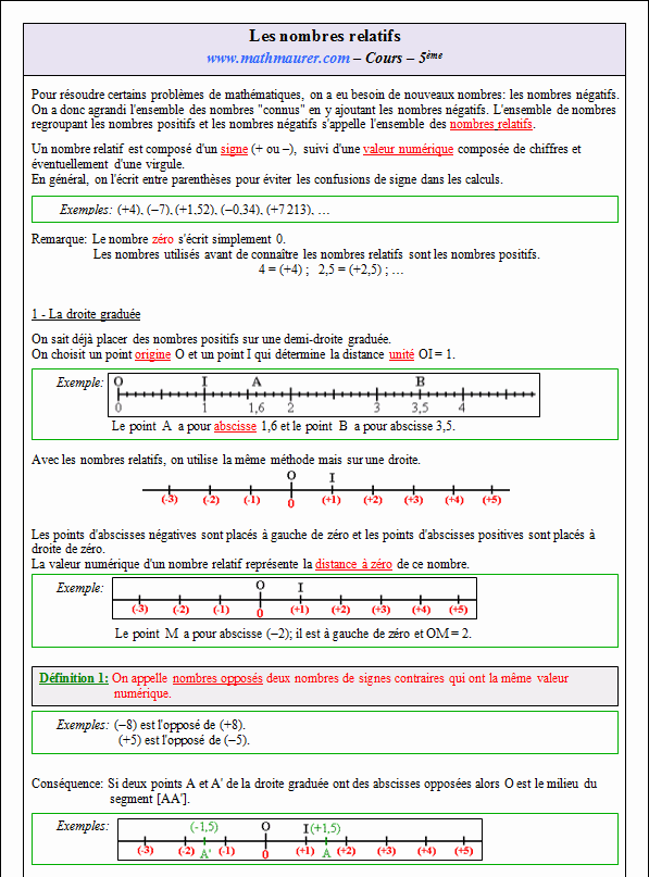 Cours sur les nombres relatifs - cinquième - page 1