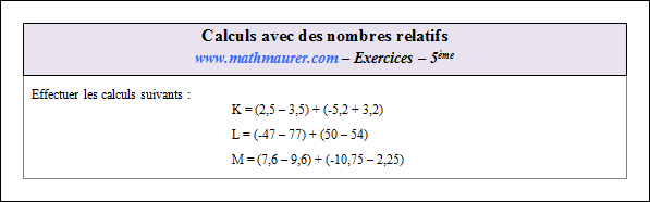 Exercice sur les calculs avec des nombres relatifs