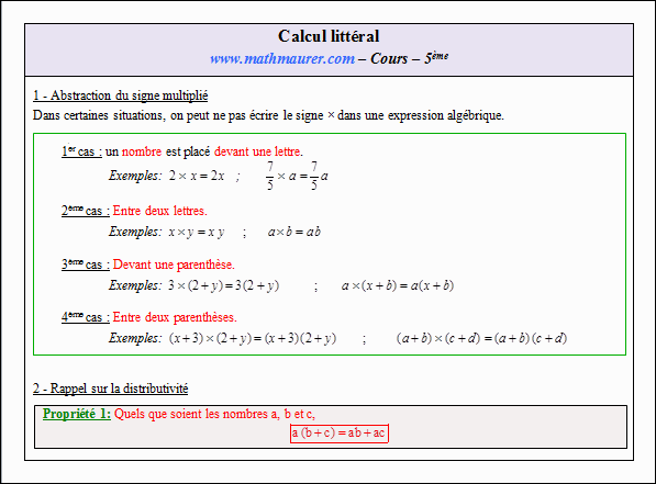 Cours sur le calcul littéral - cinquième - page 1