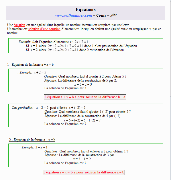 Cours sur les équations - cinquième - page 1