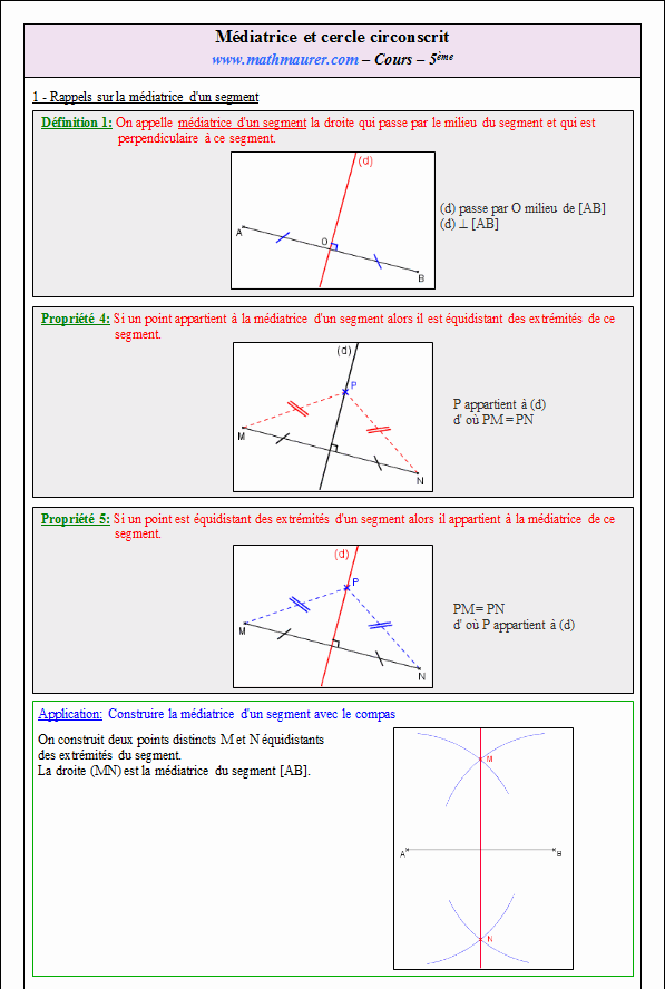 Cours sur les médiatrices et le cercle circonscrit à un triangle - cinquième - page 1