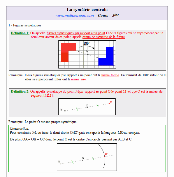 Cours sur la symétrie centrale - cinquième - page 1