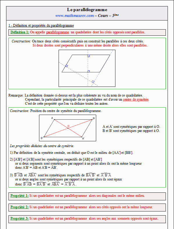 Cours sur le parallélogramme - cinquième - page 1