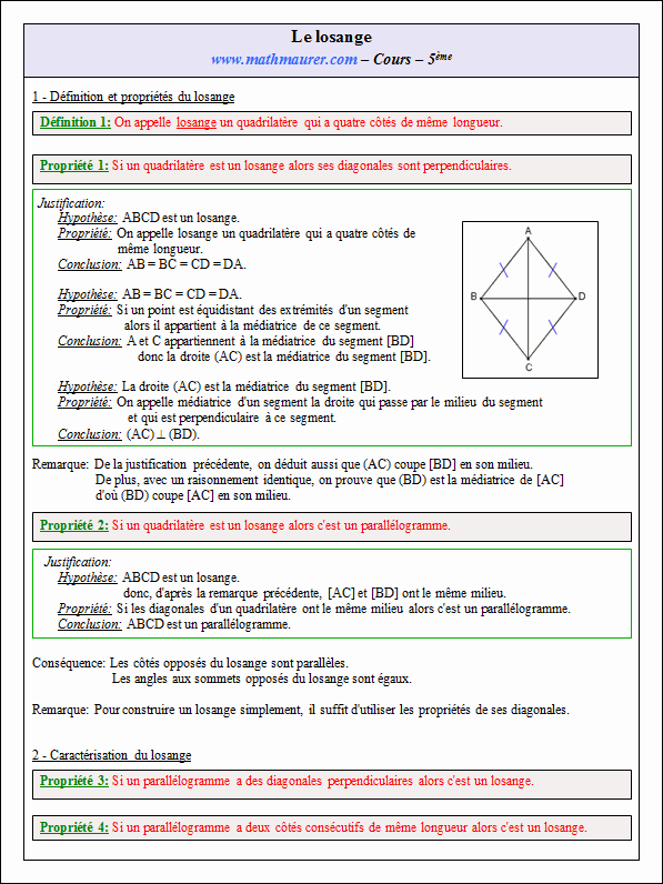 Cours sur le losange - cinquième - page 1