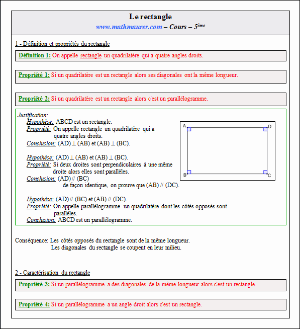 Cours sur le rectangle - cinquième - page 1