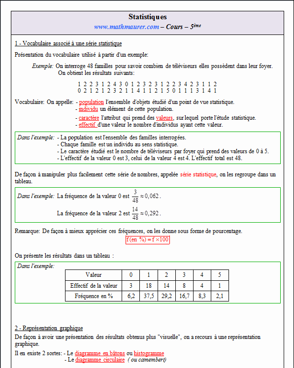 Cours sur les statistiques - cinquième - page 1