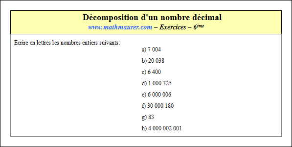 Exercice sur l'écriture décimale d'un nombre