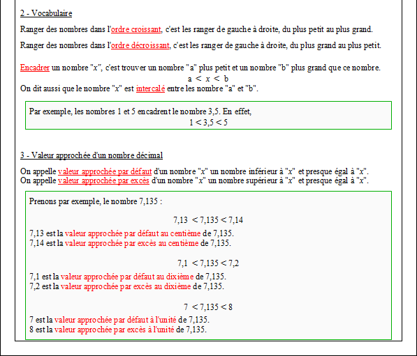 Cours sur la comparaison des décimaux - sixième - page 2