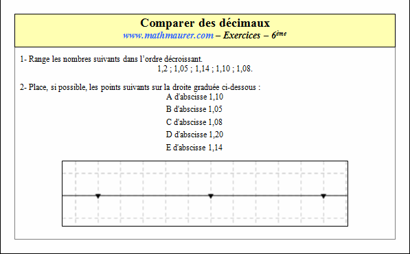Exercice sur la comparaison des décimaux