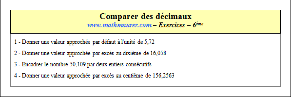 Exercice sur la comparaison des décimaux