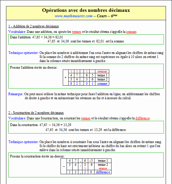 Cours sur les opérations avec des nombres décimaux - sixième - page 1