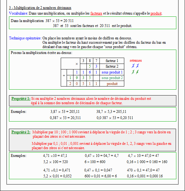 Cours sur les opérations avec des nombres décimaux - sixième - page 2