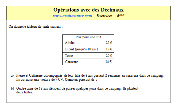 Exercice sur les opérations avec des nombres décimaux