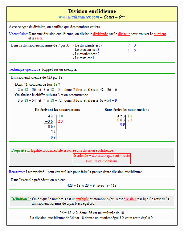 Cours sur la division euclidienne - sixième - page 1