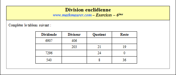Exercice sur la division euclidienne