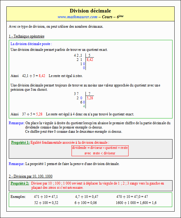 Cours sur la division décimale - sixième - page 1
