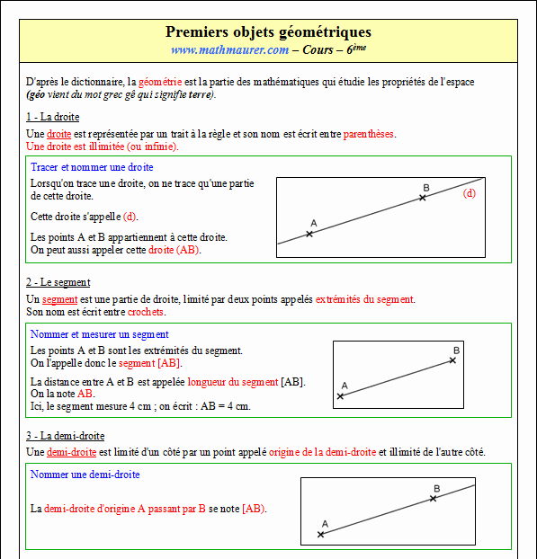 Cours sur les premiers objets en géométrie - sixième - page 1