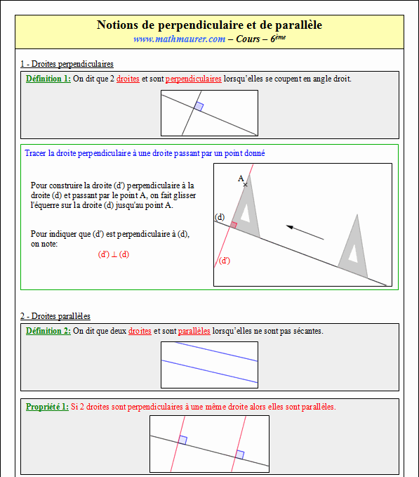 Cours sur les droites perpendiculaires et les droites parallèles - sixième - page 1