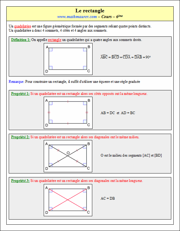 Cours sur les rectangles - sixième - page 1