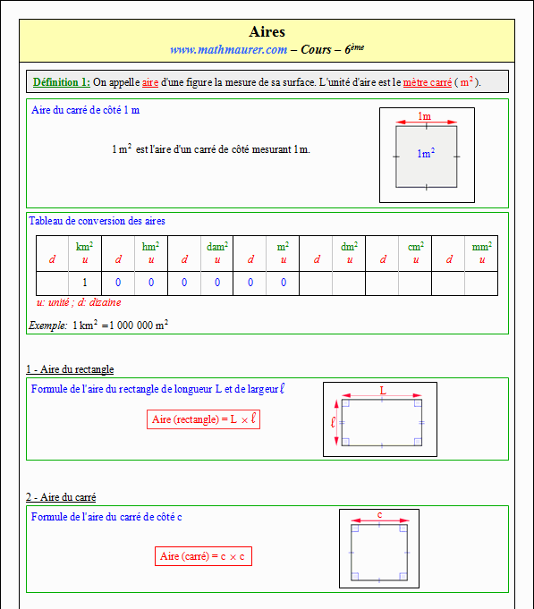 Cours sur les aires - sixième - page 1